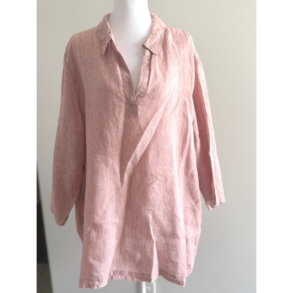 Sigrid Olsen Linen Tunic Top Pink V-Neck Button Side Vent 3/4 Sleeve 2X
